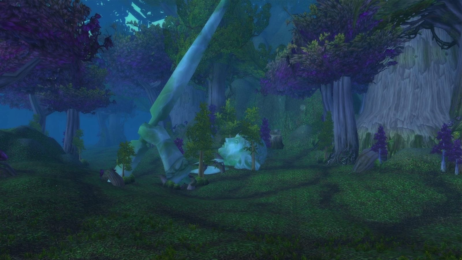 Screenshot of Ashenvale at night: moonlight through purple-blue trees over glowing water, updated lighting