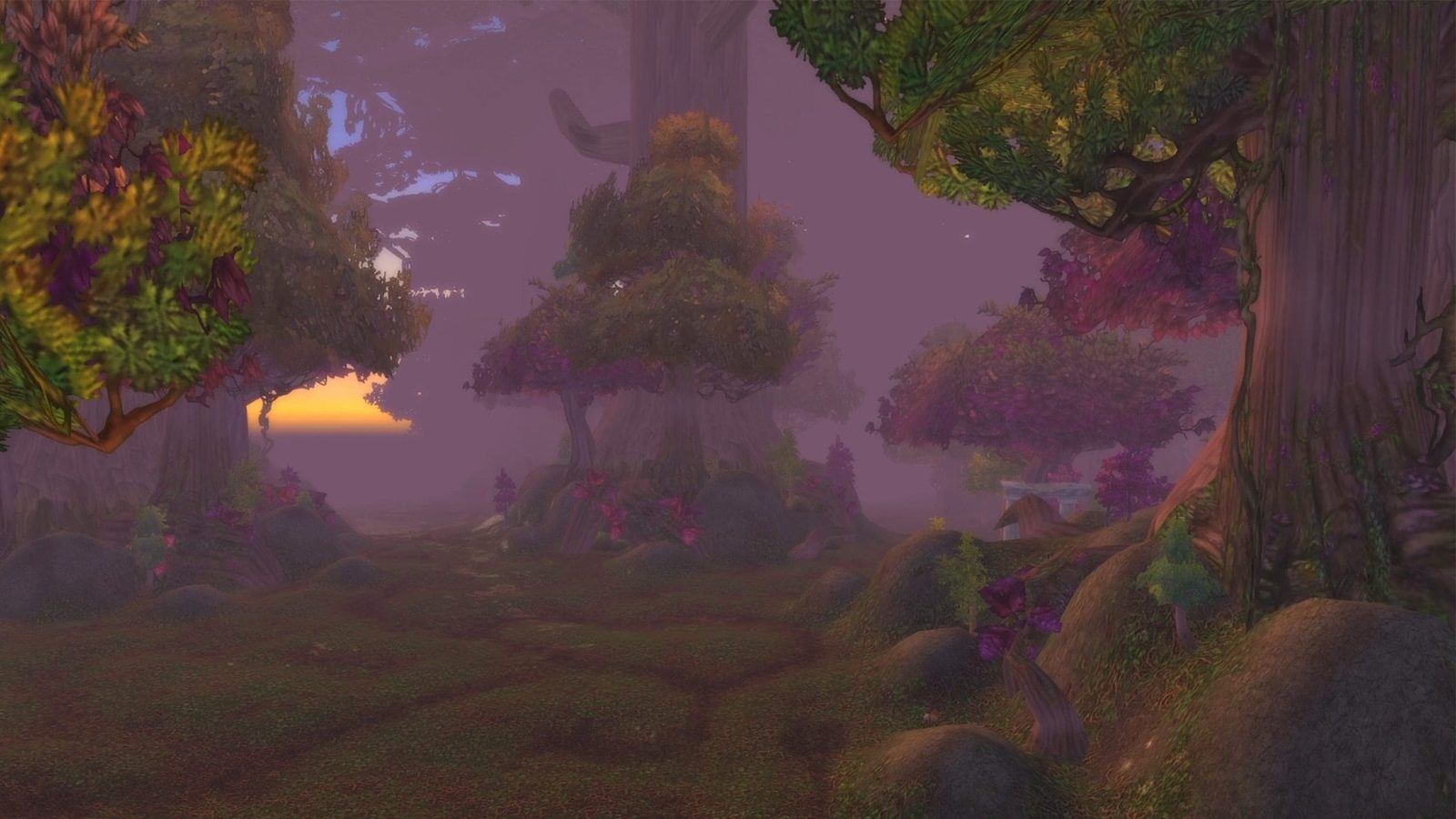 Screenshot of Ashenvale at sunset: purple-leaved trees and a treehouse in warm light, updated lighting