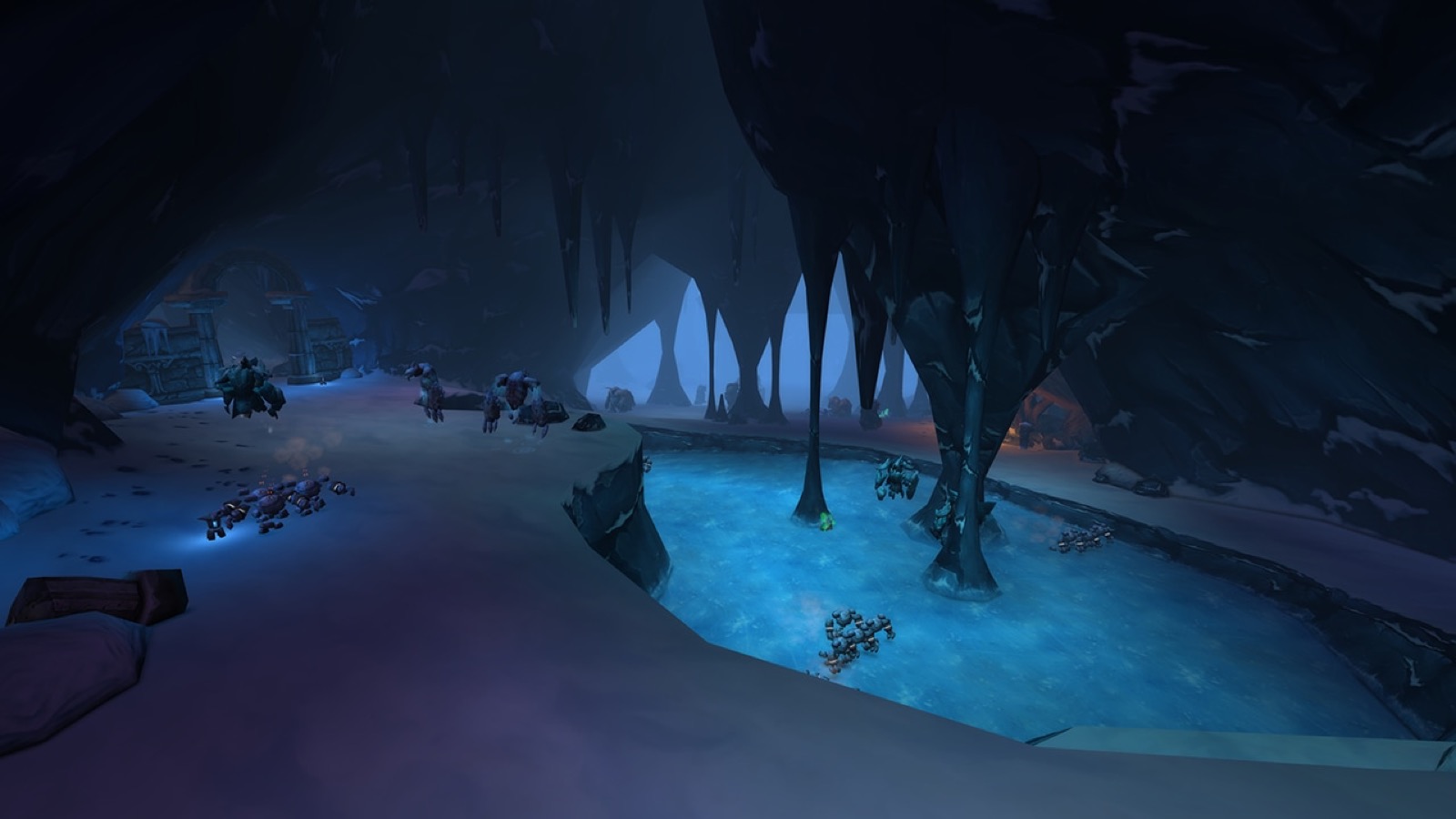 Barrow Deeps: a frozen blue cavern with icicles hanging over a pale river and small figures on its bank