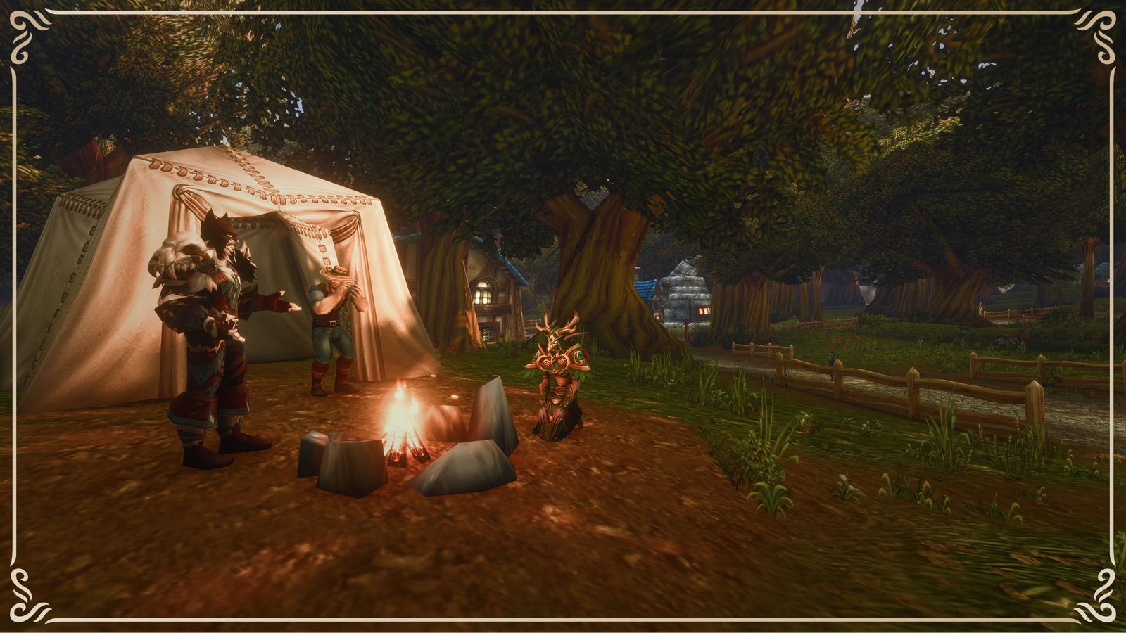 In-game screenshot of a campsite: two characters sitting by a campfire beside a canvas tent in a wooded clearing