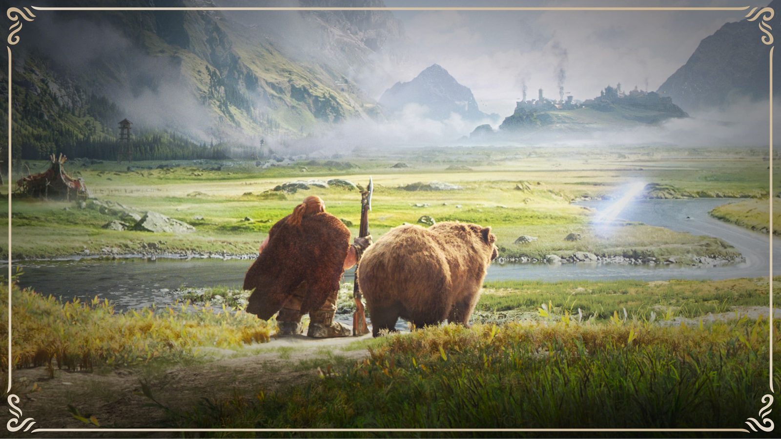 Still from the World of Warcraft: Forever cinematic trailer — a bear and a hunter on a riverbank looking across grasslands toward distant mountains