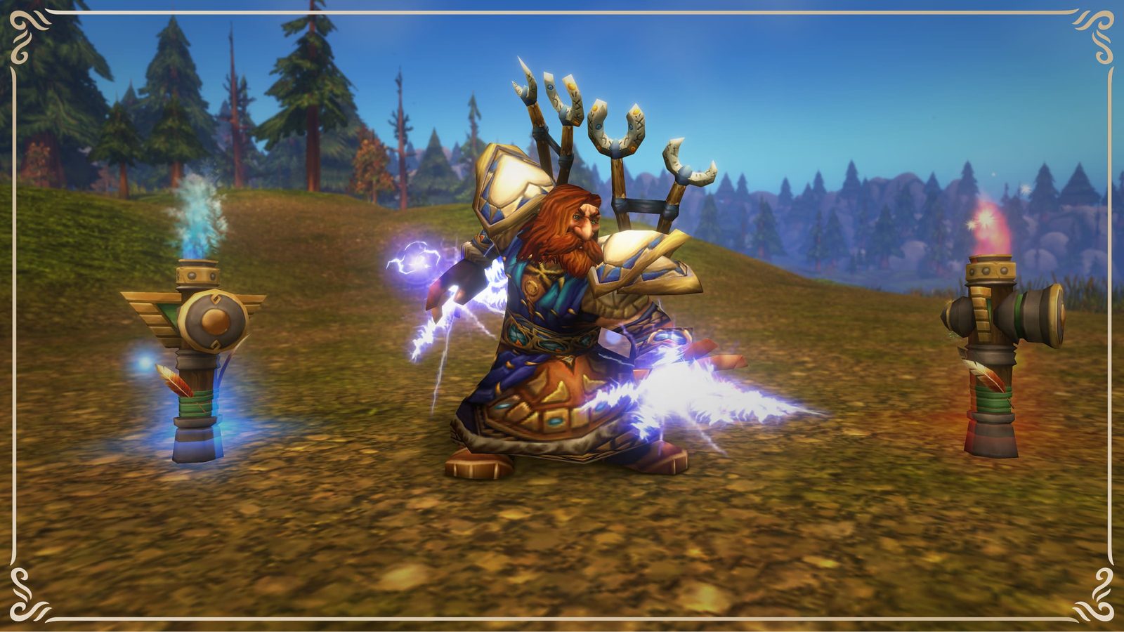 In-game screenshot of a Dwarf Shaman casting lightning between two totems in a sunlit forest clearing