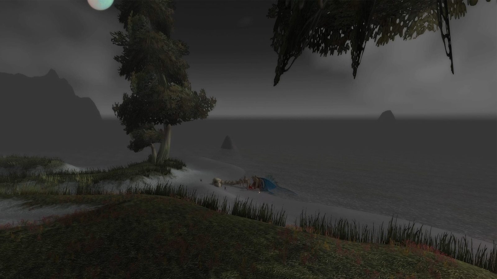 Screenshot of Darkshore at night: mist over dark water beneath a tree, updated lighting