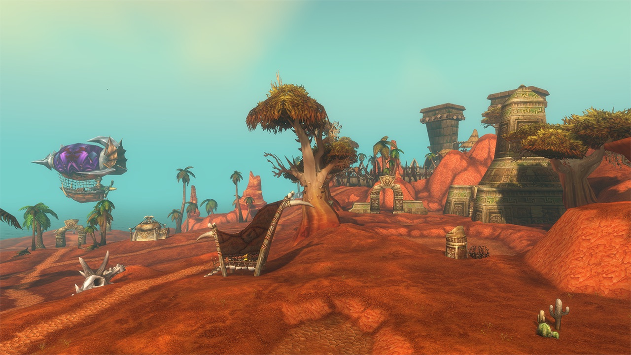 In-game screenshot: red earth, palm trees and stone troll ruins under a teal sky, with a purple Horde zeppelin flying overhead