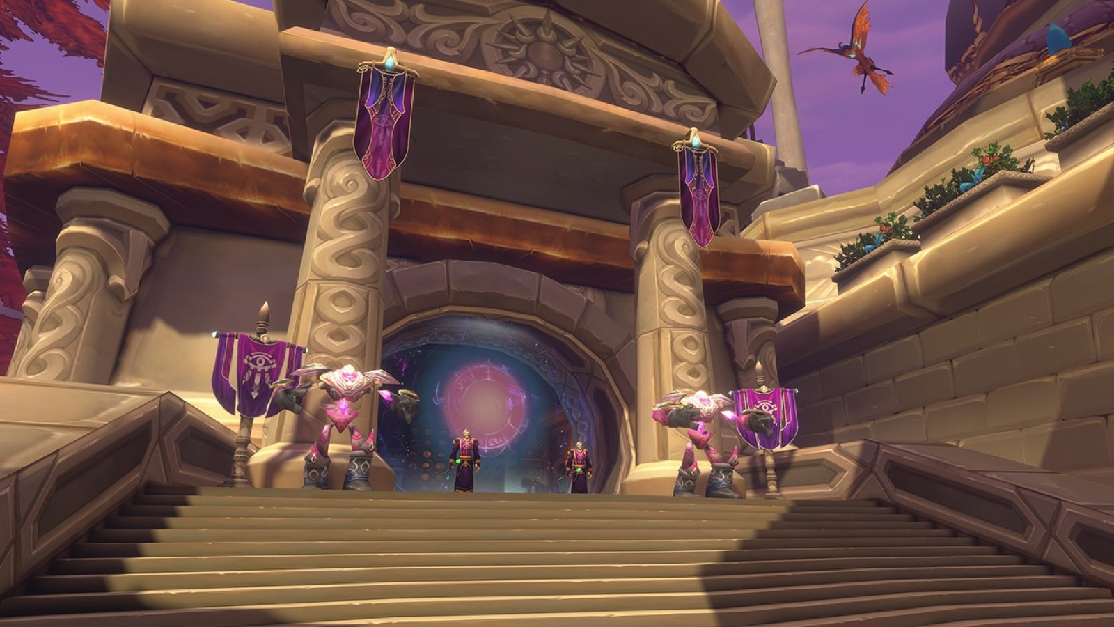 City of Dalaran: a grand stair up to a violet magical portal flanked by purple Kirin Tor banners and arcane constructs