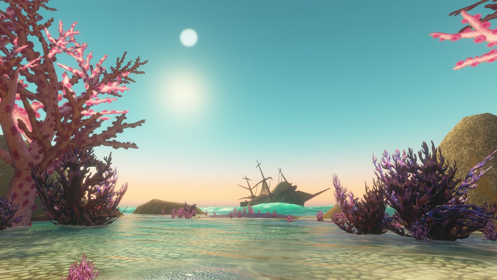 The Drowned City: pink coral in shallow turquoise water with a wrecked ship on the horizon