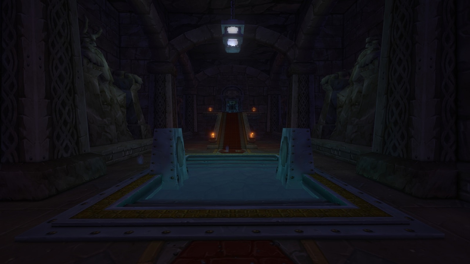 Hall of Thanes: a dark dwarven crypt with a stepped stone dais and carved statues on both sides