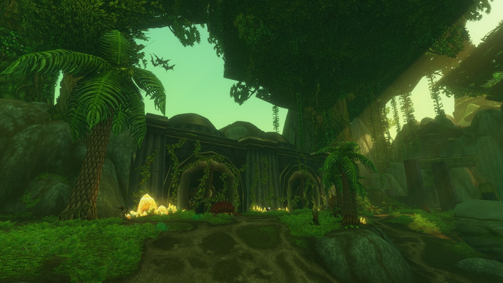 Shaper's Terrace: overgrown titan stonework among jungle palms with glowing yellow crystals in Un'Goro Crater