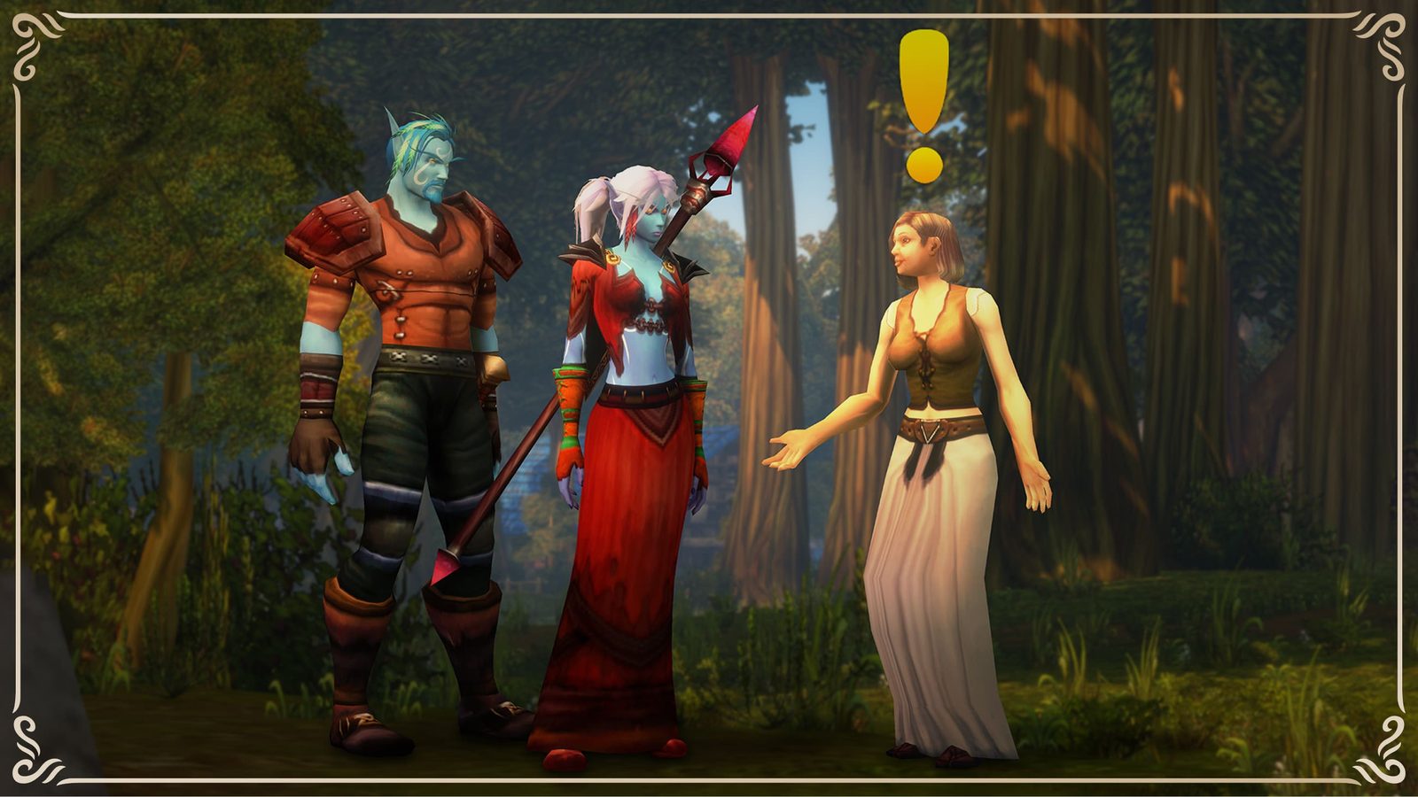 In-game screenshot of three characters — a Forsaken warrior, a night-elf-like Skyborne with a staff, and a human woman with a quest marker — talking in a forest