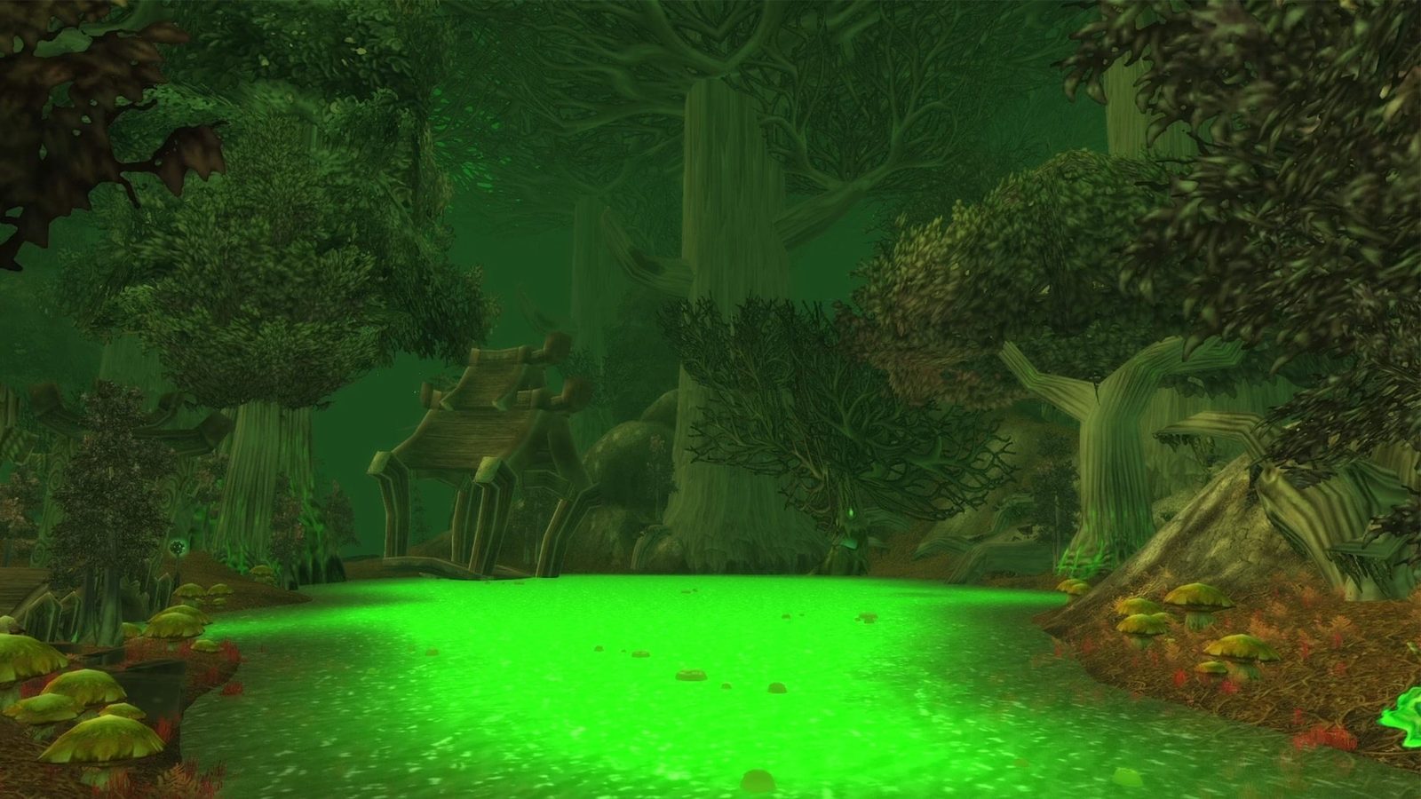 Screenshot of Felwood: a glowing green corrupted pool among dark trees, updated lighting