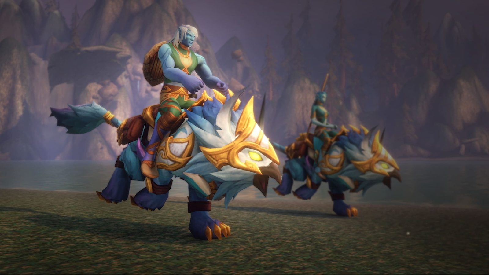 Promotional render of the Warcraft Forever Collection cosmetics — an armoured character on a blue lion mount beside a second rider