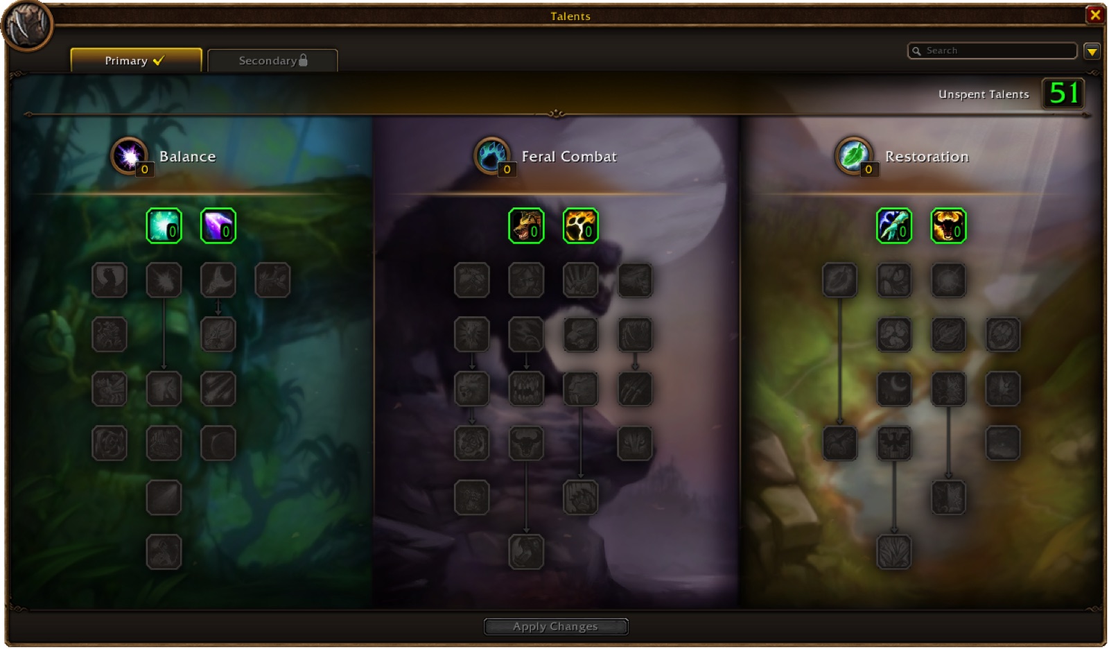 WoW Forever Druid talent window showing the Balance, Feral Combat and Restoration trees side by side with 51 unspent talent points