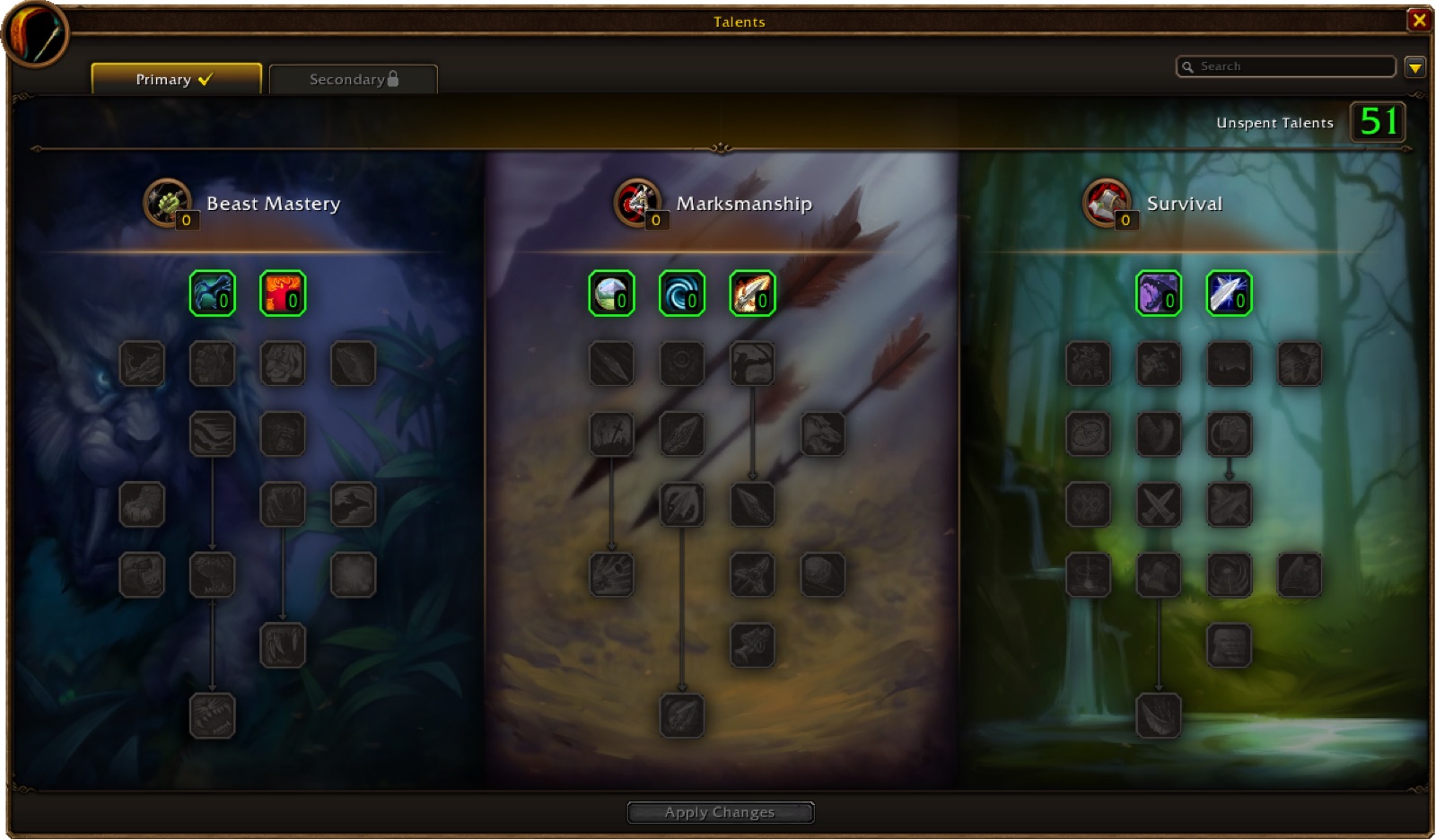 WoW Forever Hunter talent window showing the Beast Mastery, Marksmanship and Survival trees side by side with 51 unspent talent points
