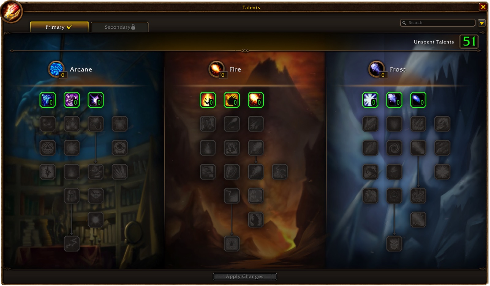The WoW Forever Mage talent window showing the Arcane, Fire and Frost trees side by side with 51 unspent talent points