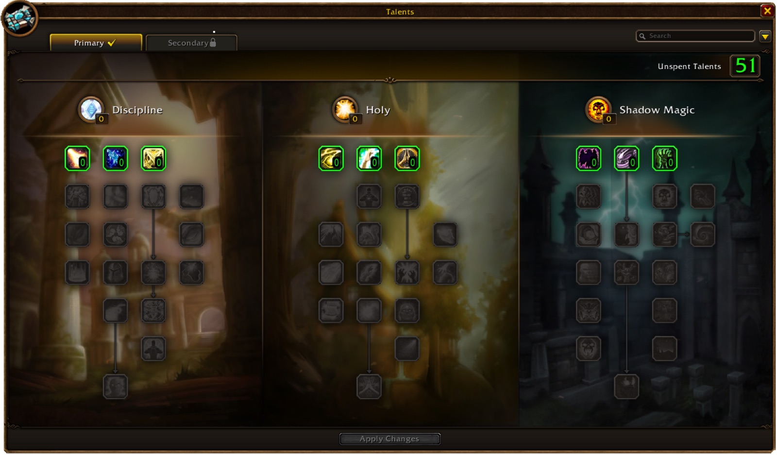 WoW Forever Priest talent window showing the Discipline, Holy and Shadow Magic trees with 51 unspent talents