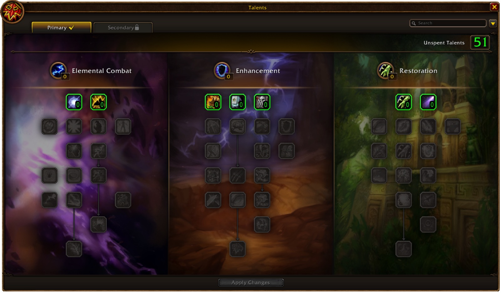 The WoW Forever Shaman talent window showing the Elemental Combat, Enhancement and Restoration trees with 51 unspent talent points