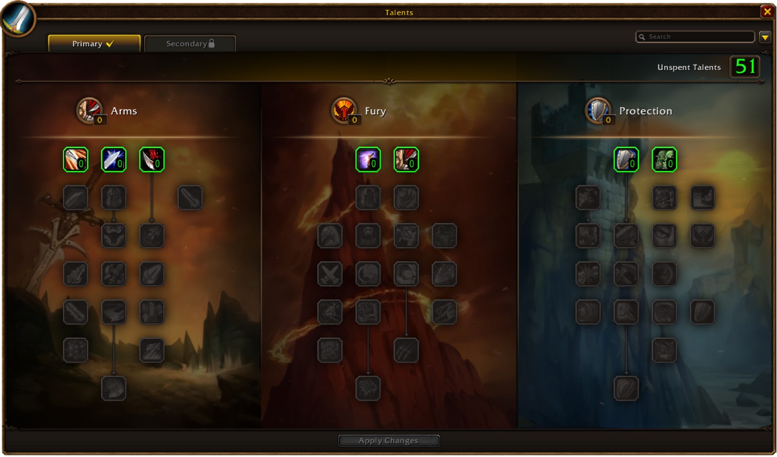 WoW Forever Warrior talent window showing the Arms, Fury and Protection trees side by side with 51 unspent talents
