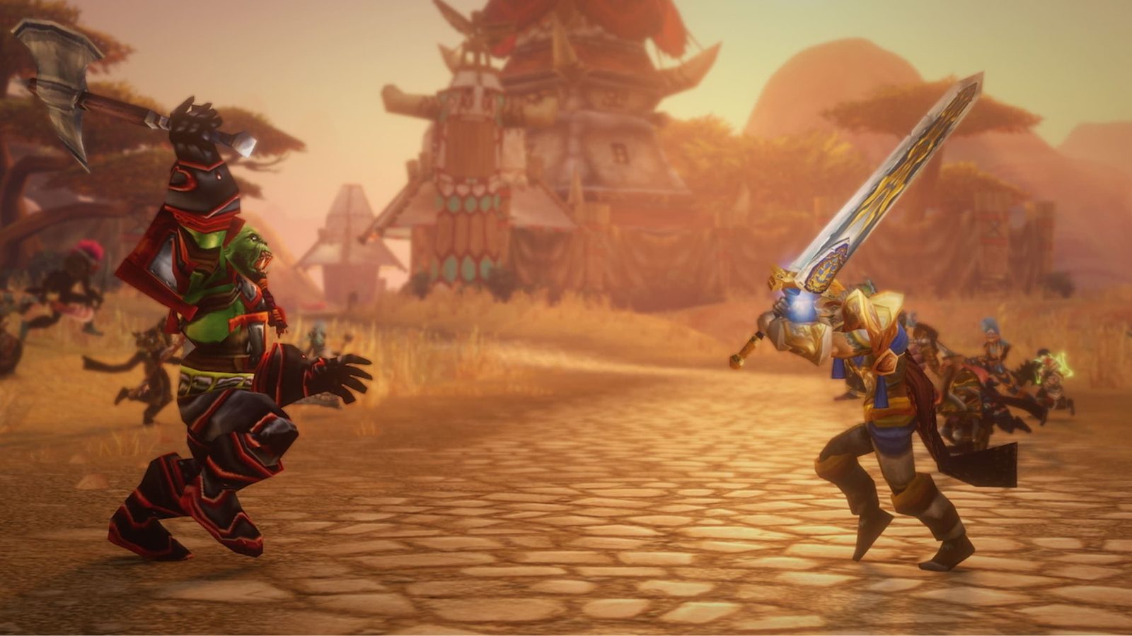 In-game screenshot: two armoured characters fighting on a stone plaza in warm light