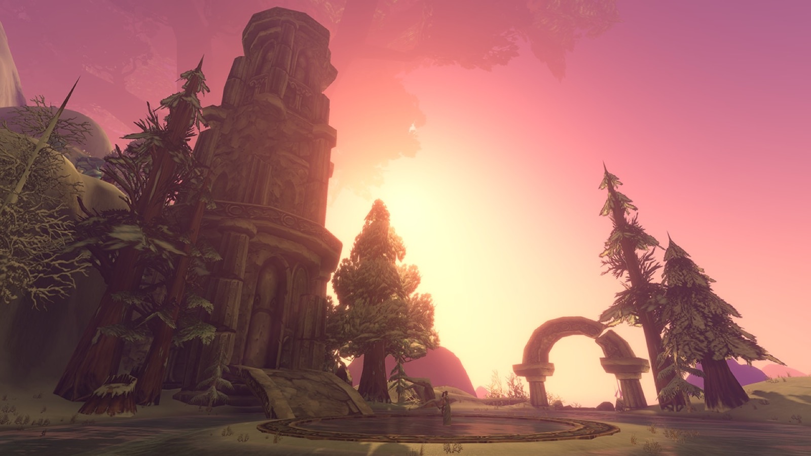 Hyjal Summit: a ruined stone tower and broken archway among pines against a pink sunrise