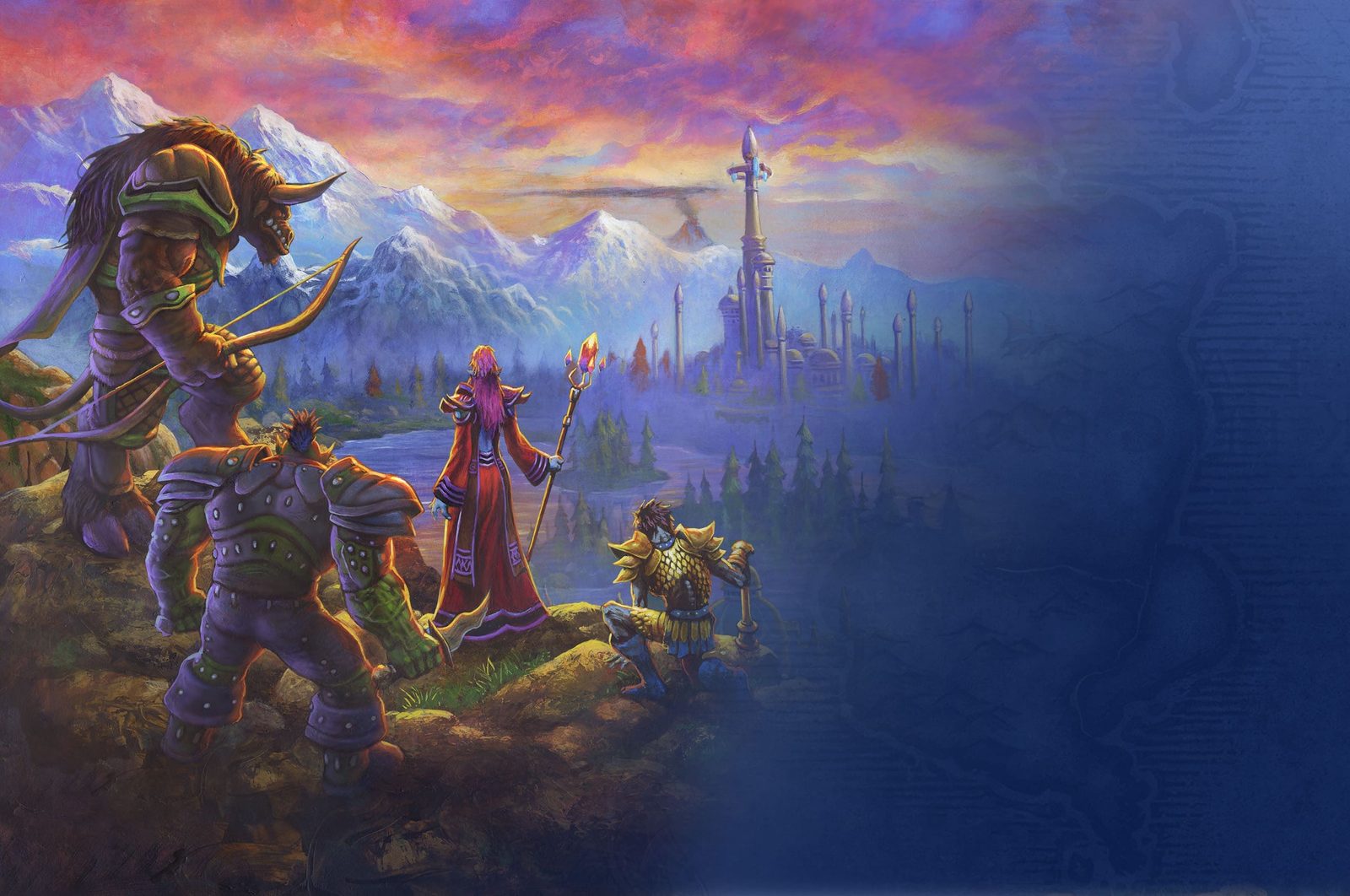 Painted key art for World of Warcraft: Forever — a Tauren, an orc, a night elf and a human paladin look out from a hillside over snowy mountains and a sky city under a twilight sky