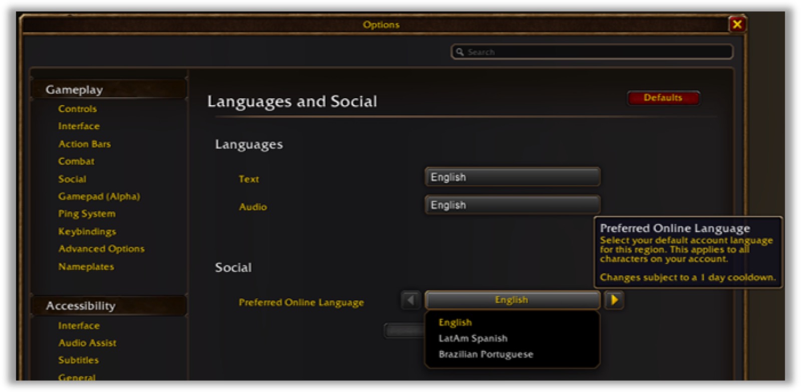 Options window, Languages and Social: a Preferred Online Language drop-down offering English, LatAm Spanish and Brazilian Portuguese, with a tooltip noting a 1-day cooldown
