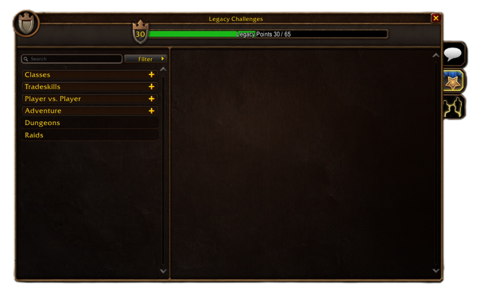 The Legacy Challenges window showing Legacy Points 30/65 and the six categories: Classes, Tradeskills, Player vs. Player, Adventure, Dungeons, Raids