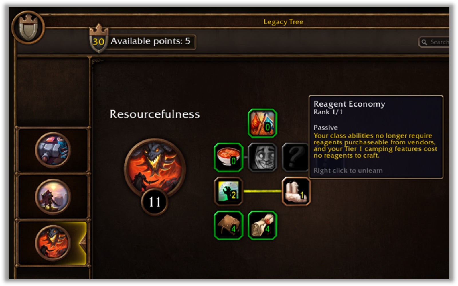 The Legacy Tree window on the Resourcefulness tree, with 5 points available and the Reagent Economy perk tooltip