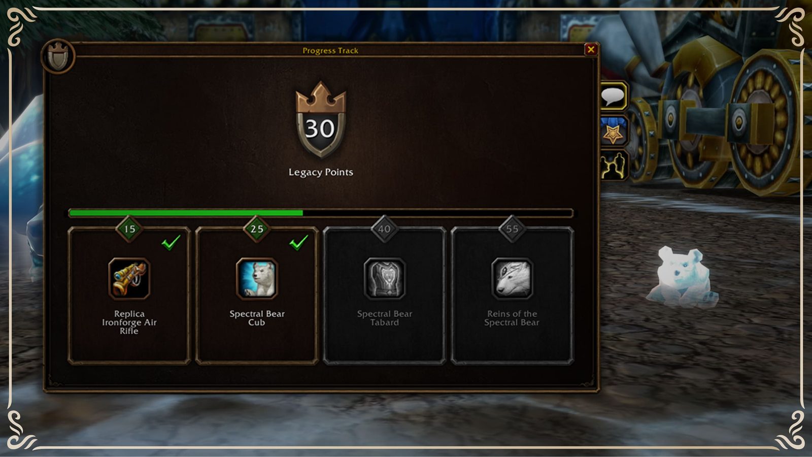 Screenshot of the Legacy Reward Track interface showing 30 Legacy Points and reward slots including the Spectral Bear Cub