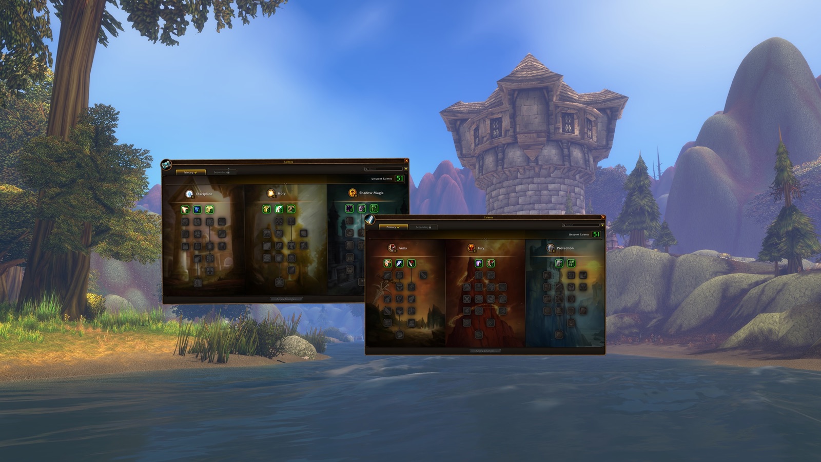 Priest and Warrior talent windows floating over a river and a stone tower in WoW Forever