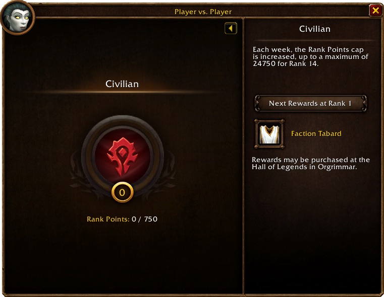 Screenshot of the Player vs. Player tab: a Horde emblem, rank Civilian, Rank Points 0 / 750, and a panel reading that the weekly Rank Points cap rises to 24750 for Rank 14, next reward Faction Tabard at Rank 1