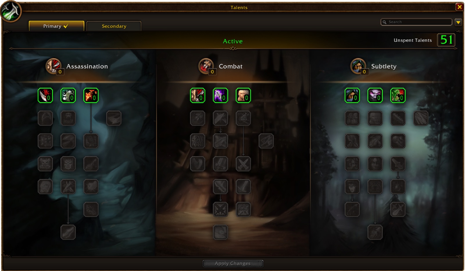 The World of Warcraft: Forever talent window for a Rogue showing the Assassination, Combat and Subtlety trees side by side with no points spent