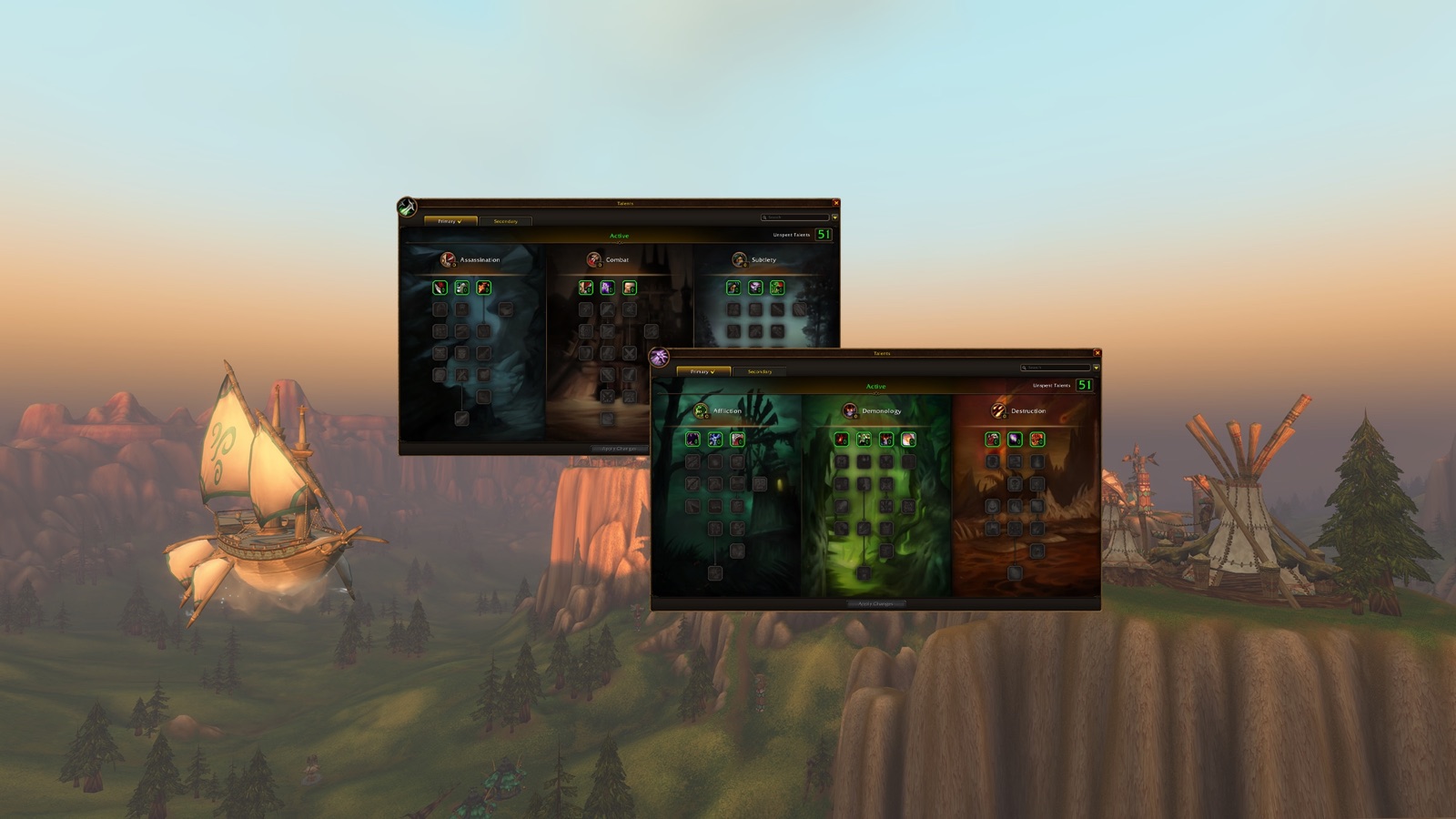 Two Forever talent windows, one for a Rogue and one for a Warlock, floating over a landscape with an airship and tents