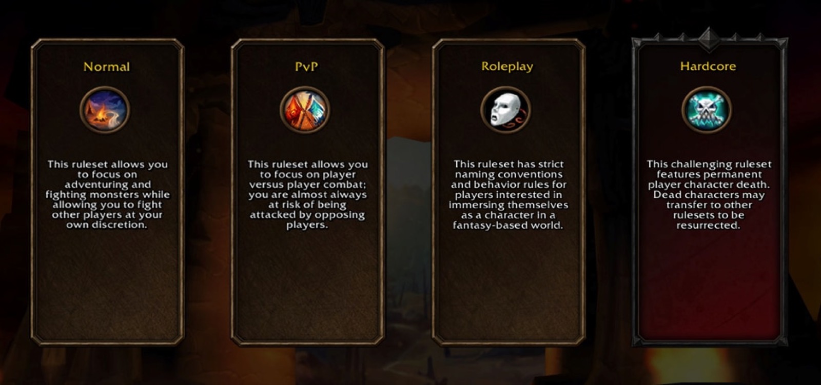 Screenshot of the ruleset selection screen with four cards: Normal, PvP, Roleplay and Hardcore, each with its one-line description