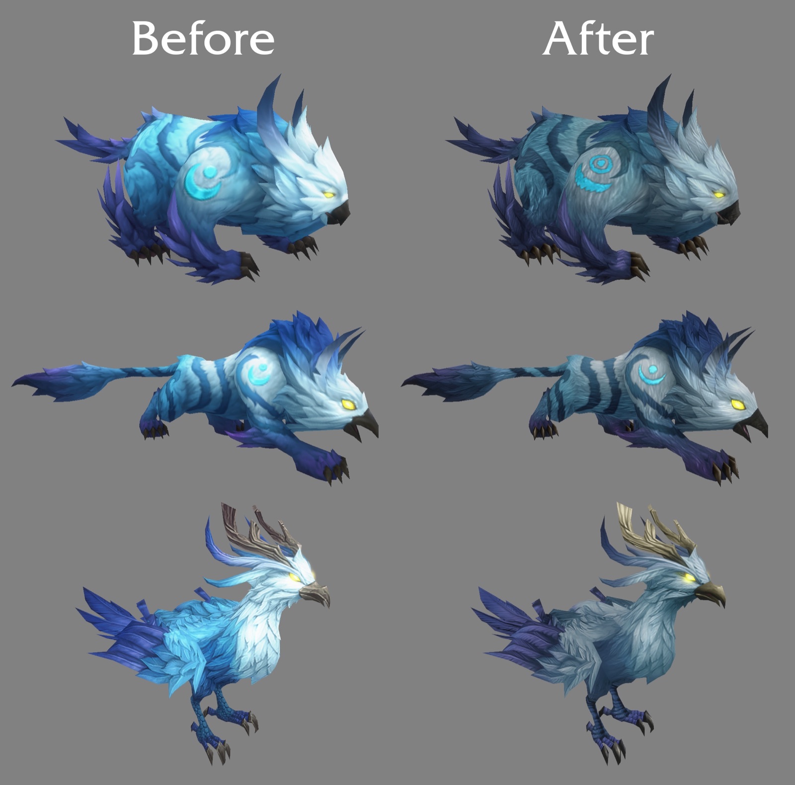 Before and after comparison of three HD Skyborne Druid forms, with the revised versions showing less soft shading, more fur detail and lower colour saturation