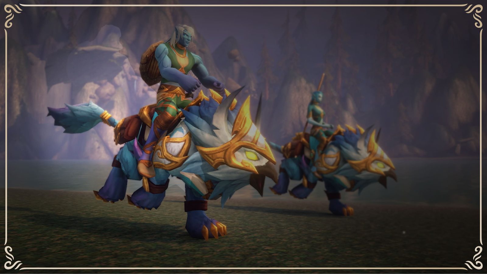 Promotional render of an armoured rider on the Cerulean Prideclaw, the blue lion-like ground mount included in the Skyborne packs