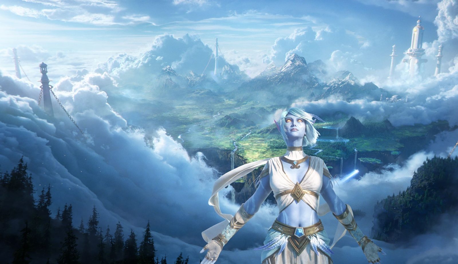 Promotional art of a Skyborne woman with pale skin and flowing white hair against a sky city among clouds