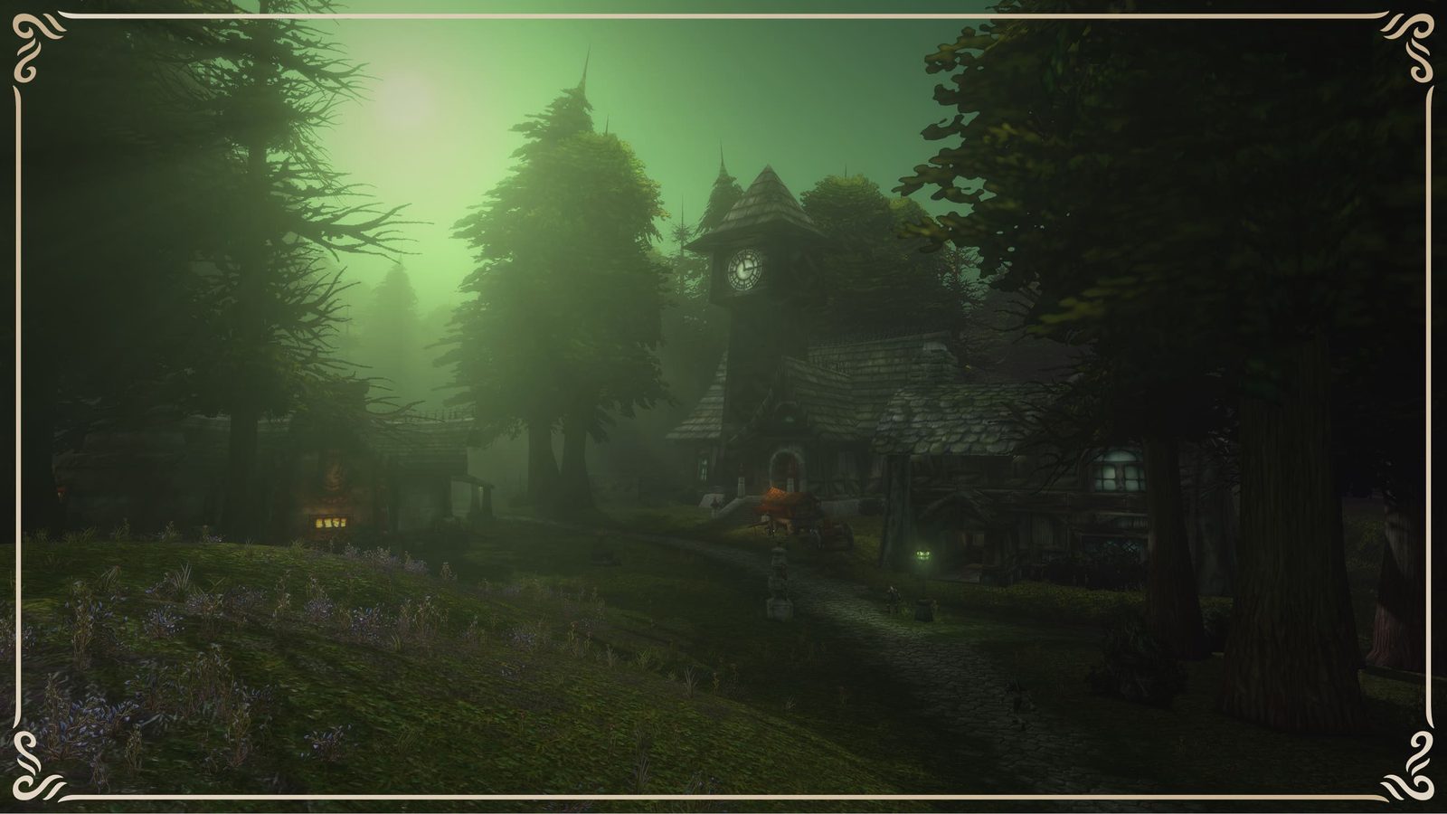 Screenshot of a lantern-lit path through a dark green forest, updated lighting