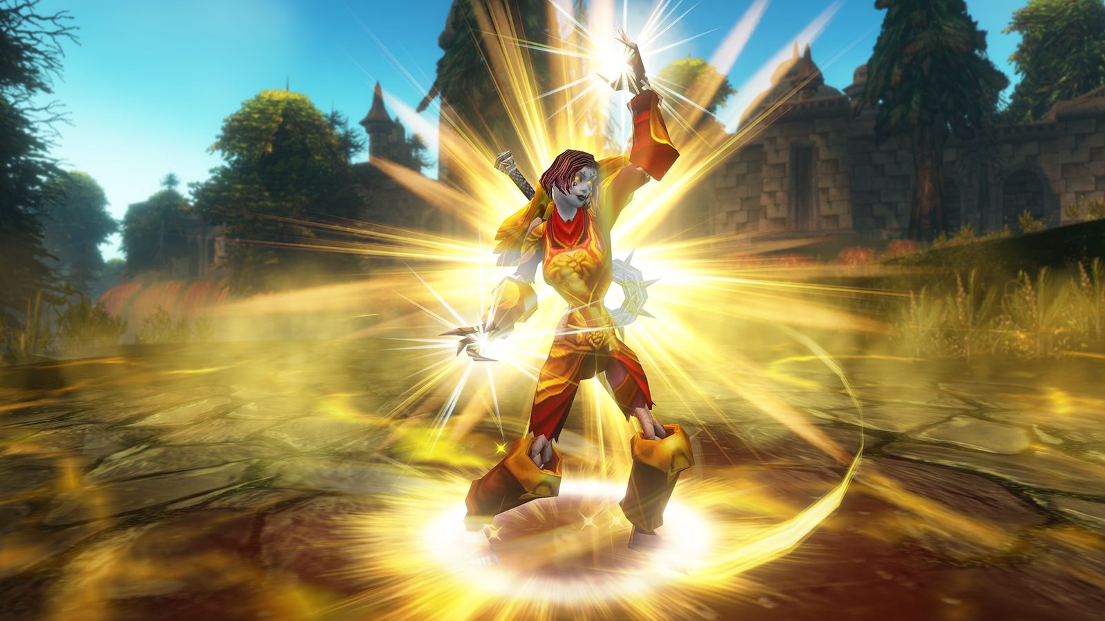In-game screenshot of an Undead Paladin surrounded by a burst of golden holy light in a forest