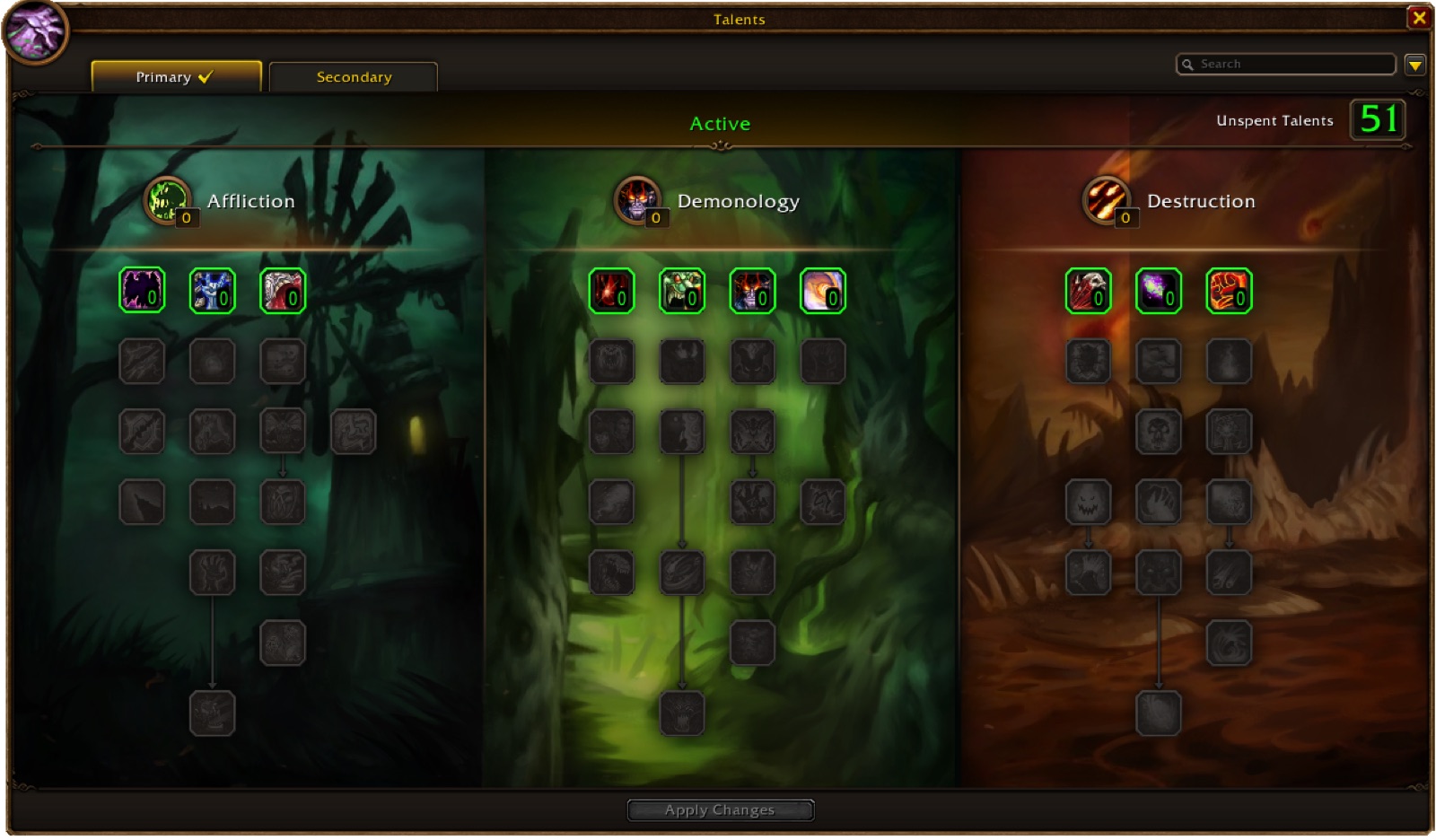 The World of Warcraft: Forever talent window for a Warlock showing the Affliction, Demonology and Destruction trees with no points spent