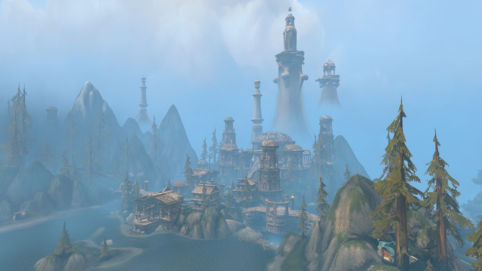 Screenshot of Zephras Isle: spired pale stone towers and pines rising through blue mist